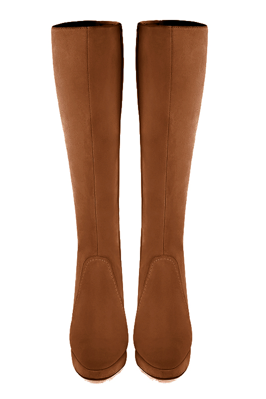 Caramel brown women's feminine knee-high boots. Round toe. Very high slim heel with a platform at the front. Made to measure. Top view - Florence KOOIJMAN